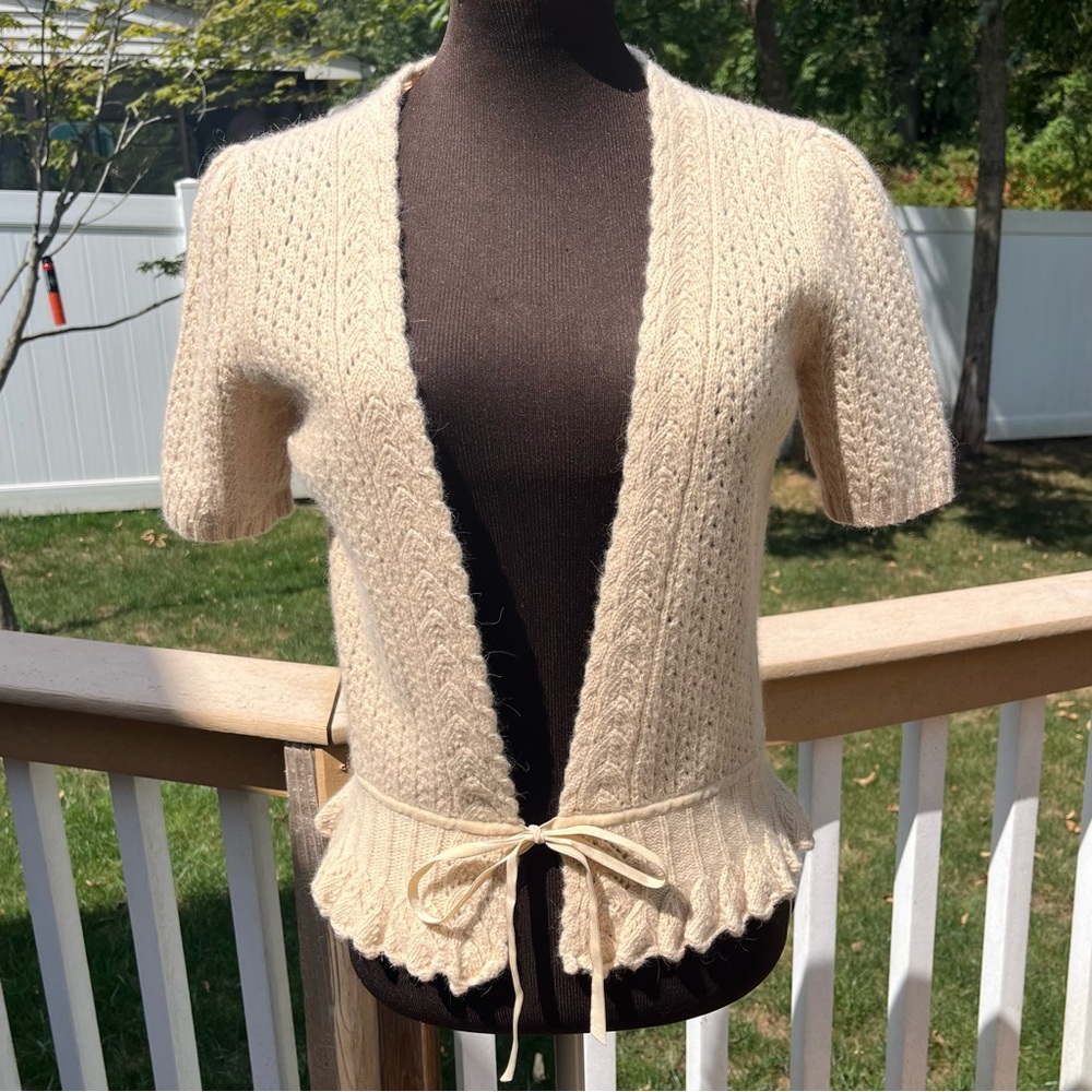 LOFT Women’s Lambs Wool Angora Beige Short Sleeve Knit Cardigan Sweater Size S